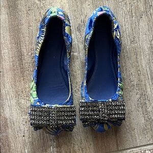 Tory Burch Blue Dahlia and Gold Flats